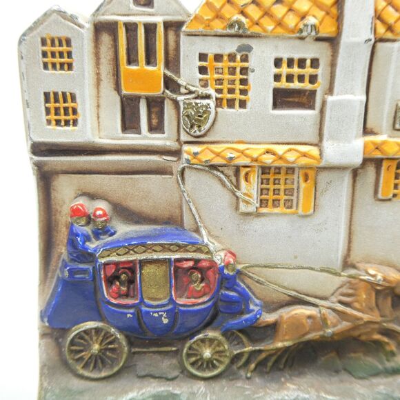 Cast Metal Bookend Streetscape Stagecoach British Street Houses Vintage - Picture 2 of 14